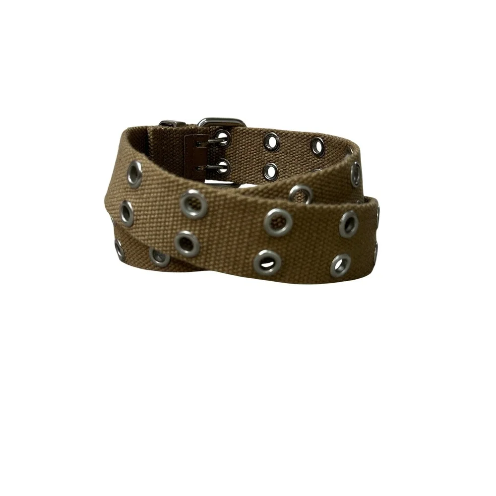 Tan Canvas Web Belt Double Prong Silver Grommet Military Skater Style 37 Inch